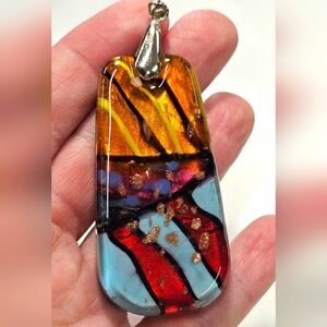 Colorful Abstract Design Fused Glass Pendant 18K White Gold Plated Bail